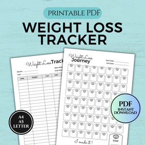 May include: Printable weight loss tracker PDF with two pages. The first page is a table to track weight, loss, and gain. The second page has a grid of 60 weight scale icons for tracking progress. The text "Weight Loss Journey" is at the top of the second page.