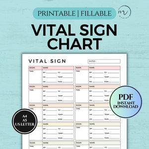 Vital Signs Sheet, Nursing Notes, Vital Sign Log, Nurse Brain Sheet, PCT / CNA Patient Chart, Printable Fillable PDF A4/A5/Letter Size