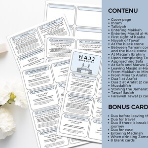 May include: A set of printable cards with black text on white backgrounds. The cards contain Islamic prayers for Hajj, with titles such as "Talbiyah", "Entering Masjid al-Haram", and "At Safa and Marwa". The cards are part of a "Hajj Duas Guide".