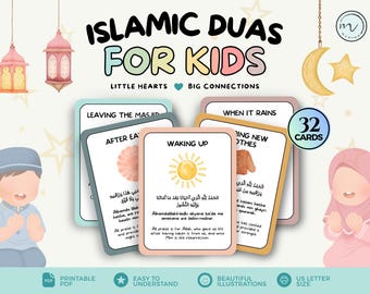 Könnte beinhalten: Ein Set aus 32 Lernkarten mit dem Titel Islamic Duas for Kids, die Illustrationen und Texte für tägliche Gebete enthalten. Die Karten zeigen Phrasen wie Waking Up, Leaving the Masjid und When it Rains, ergänzt durch arabische Schriftzeichen, Transliteration und englische Übersetzungen.