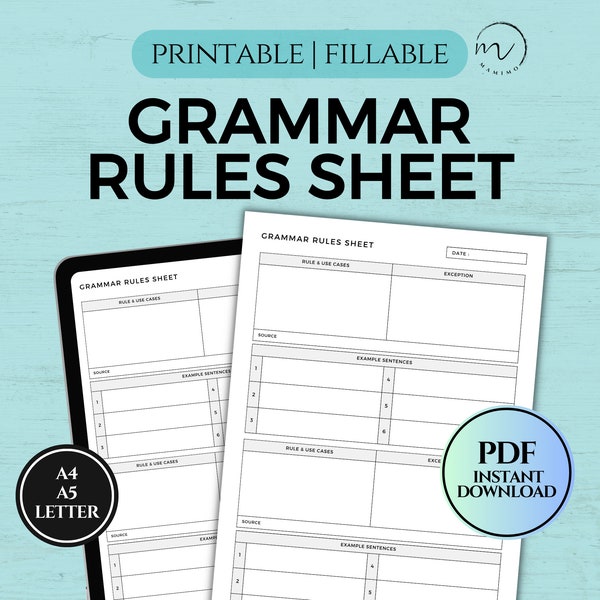 Grammar Rule Sheets, Language Learning, Grammar Worksheets Reference Foreign Languages, Printable And Fillable PDF A4/A5/Letter Size