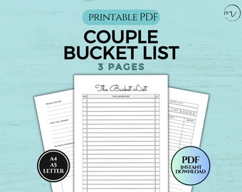 Couples Bucket List Printable, Bucket List Template, Couples Goals, Date Ideas, Record Your Adventures, Memories, PDF A4/A5/Letter Size