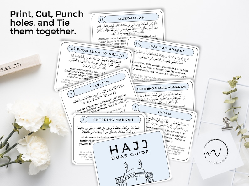 May include: A set of 10 blue and white cards with Arabic text and English translations. The cards are labeled with numbers 1 through 18. The cards are titled "Hajj Duas Guide".