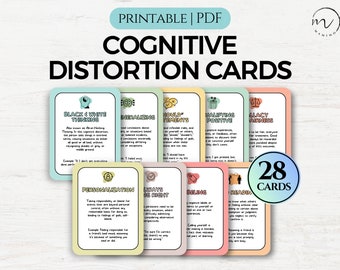 Cartes flash sur la distorsion cognitive, Cartes d'aptitudes à faire face à la TCC, Erreurs de pensée, Outils de thérapie TCC, Anxiété, Conseiller en santé mentale, Développement personnel