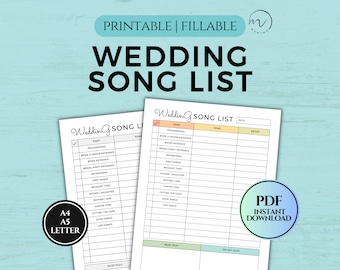 Printable Wedding Song List | Wedding Music List | Wedding Playlist | DJ Song List | Wedding DJ Questionnaire | Printable And Fillable PDF