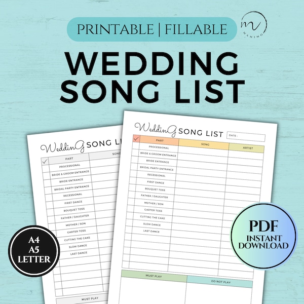 Druckbare Hochzeitsliedliste | Hochzeit Musik Liste | Hochzeit Playlist | DJ Songliste | Hochzeits-DJ-Fragebogen | Druckbare und ausfüllbare PDF