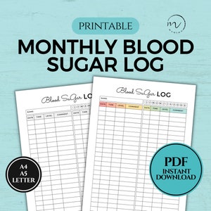 Registro mensual de azúcar en sangre imprimible / Registro de diabetes / Registro diario de glucosa para el embarazo / Registro de diabetes gestacional / PDF A4/A5/Tamaño carta