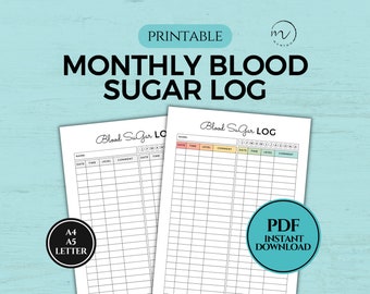 Monthly Blood Sugar Log Printable | Diabetes Tracker | Daily Glucose Log for Pregnancy | Gestational Diabetes Log | PDF A4/A5/Letter Size