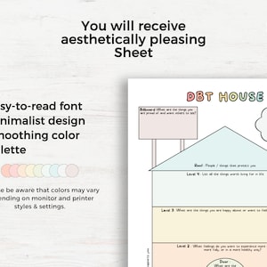 May include: A printable DBT House worksheet with a house-shaped diagram divided into four levels. Each level has a label and a space for writing. The labels are: Billboard, Roof, Level 4, Level 3, Level 2, and Chimney. The worksheet is designed to help people identify and manage their emotions.