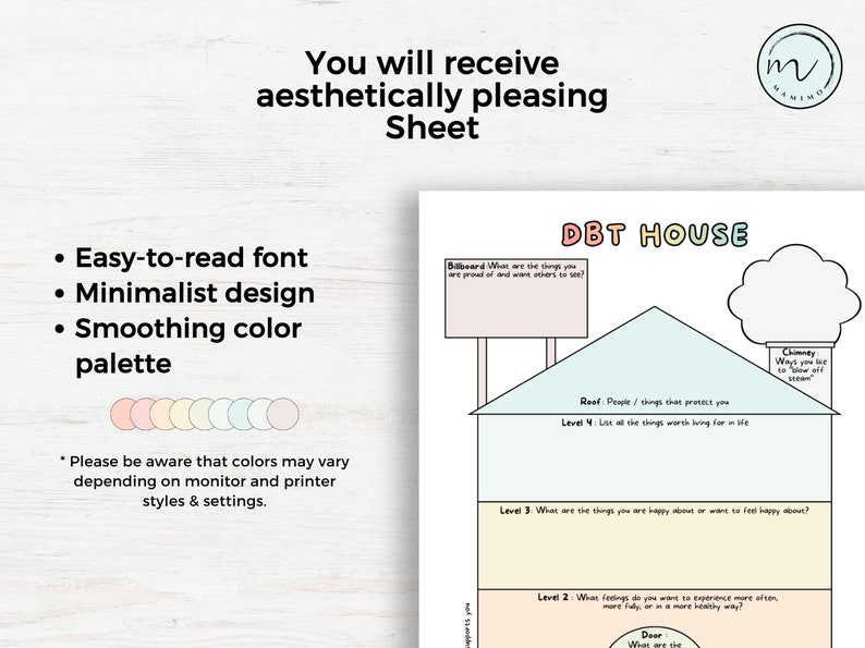 May include: A printable DBT House worksheet with a house-shaped diagram divided into four levels. Each level has a label and a space for writing. The labels are: Billboard, Roof, Level 4, Level 3, Level 2, and Chimney. The worksheet is designed to help people identify and manage their emotions.