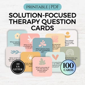 Vraagkaarten voor oplossingsgerichte therapie, tijdschriftpromptkaarten, positieve psychologie, SFBT, afdrukbare flashcards geestelijke gezondheid, GAD, SEL