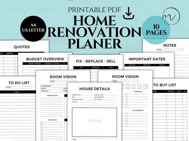 Home Renovation Planner Printable, Home Improvement, DIY Project