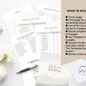May include: A Quran journal template set featuring a cover page, Surah and Juz trackers, study overview sheets, and notes pages. The text includes WHAT IS INCLUDED, LIST OF 114 SURAHS OF THE QURAN, SURAH'S TRACKER, JUZ TRACKER, and QURAN JOURNAL.