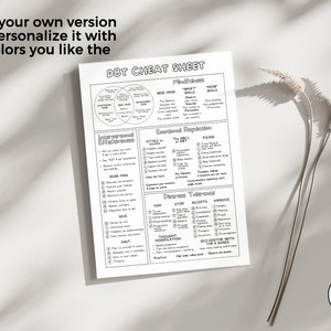 May include: A black and white printable DBT cheat sheet with the title "DBT Cheat Sheet" and sections for "Mindfulness", "Interpersonal Effectiveness", "Emotional Regulation", and "Distress Tolerance".