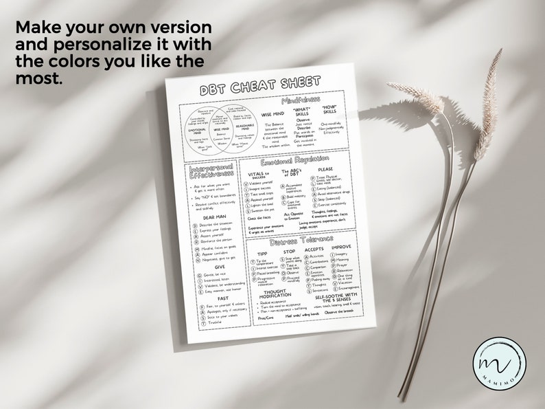 May include: A black and white printable DBT cheat sheet with the title "DBT Cheat Sheet" and sections for "Mindfulness", "Interpersonal Effectiveness", "Emotional Regulation", and "Distress Tolerance".