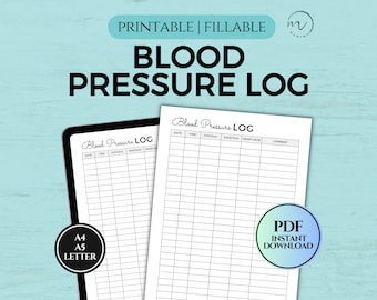 Blood Pressure Log, BP Tracker, Blood Pressure Chart, Hypertension Tracking, Printable And Fillable PDF A4/A5/Letter Size