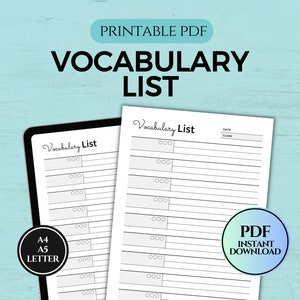 Woordenschatlijst afdrukbaar, taalstudie notebooksjabloon, taal leren, woordenschatnota, PDF Instant Download A4/A5/Letter-formaat