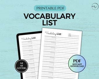 Liste de vocabulaire imprimable, modèle de cahier d'étude de langue, apprentissage des langues, note de vocabulaire, PDF à télécharger instantanément format A4/A5/Lettre