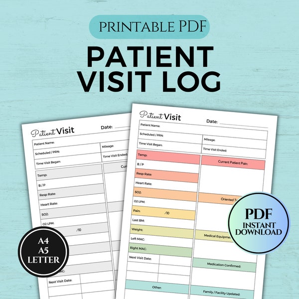 Printable Patient Visit Log for Hospice, Home Health Nurse, Patient Report Sheet, ICU Nurses resources, PDF Instant Download A4/A5/Letter