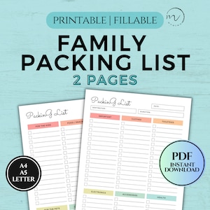 May include: Printable family packing list with two pages. The list includes categories for important items, clothes, toiletries, electronics, accessories, and health. The list is in a PDF format and is available for instant download.