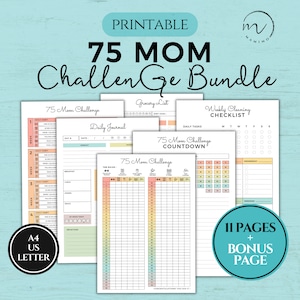 75 Mom Challenge Printable Bundle, 75 Day Mom Challenge Journal Template, Easy Challenge Tracker Pack, Meal Planner, Cleaning Checklist