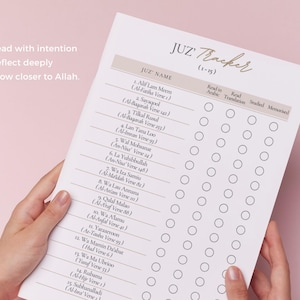 May include: A white paper Juz' Tracker (1-15) sheet with a list of fifteen Juz' names and corresponding verses. The document features columns for tracking progress with empty circles for checking off reading, translation, study, and memorization.