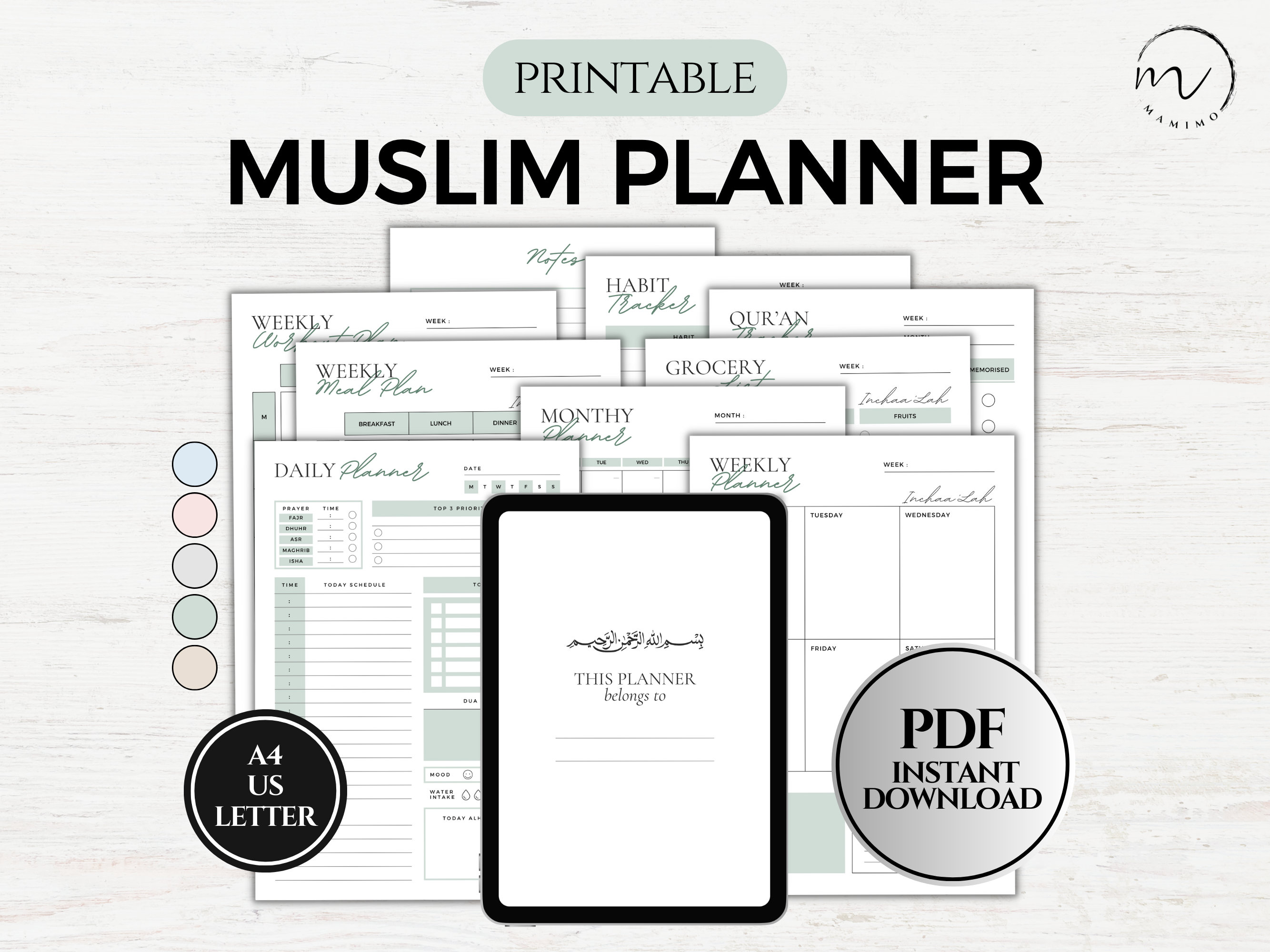 Agenda digitale musulmana, Agenda islamica giornaliera, Tracker del Corano, Tracker Salat, Agenda islamica mensile settimanale, Diario del Ramadan, PDF stampabile