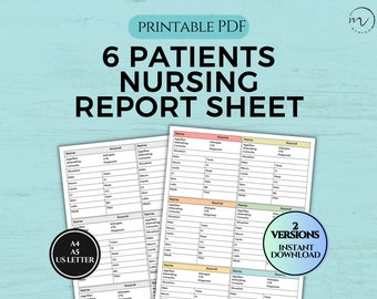 Sjuksköterskerapportblad, 6 patienter, medicinsk kirurgisk sjuksköterskerapportblad, patientvårdsjournal, sjuksköterskelogg, sjuksköterskehjärnrapport, skiftrapport, PDF