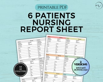 Feuille de rapport d'infirmière, feuille de rapport d'infirmière de chirurgie médicale 6 patients, tableau de soins du patient, journal d'infirmière de santé, feuille de cerveau d'infirmière, rapport de quart de travail, PDF