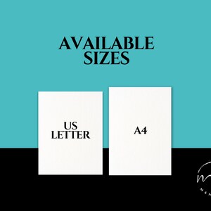 May include: Two white cards with black text on a turquoise background. The text on the cards reads "US Letter" and "A4". The text "AVAILABLE SIZES" is above the cards.