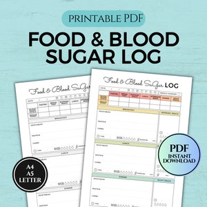 Registro degli alimenti e della glicemia stampabile, registro della dose di insulina per l'attività fisica durante i pasti giornalieri, monitoraggio della gestione degli alimenti per il diabete, formato PDF A4/A5/Lettera