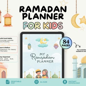 Puede incluir: Un planificador digital del Ramadán para niños en una pantalla de tableta, con 84 páginas de actividades. La portada muestra una luna creciente, nubes y dos niños. El texto incluye RAMADAN PLANNER FOR KIDS y MY RAMADAN PLANNER, con iconos de linternas, estrellas y una mezquita.