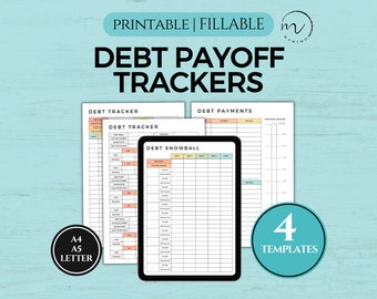 May include: Four printable debt payoff tracker templates. The templates are labelled "Debt Tracker", "Debt Tracker", "Debt Snowball", and "Debt Payments".