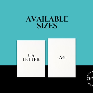 May include: Two white cards with black text on a turquoise background. The text on the cards reads "US Letter" and "A4". The text "AVAILABLE SIZES" is above the cards.