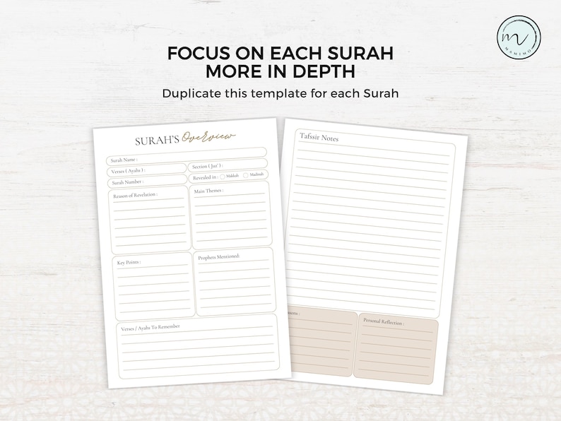 May include: Two white paper templates for Quran study. The left sheet is titled SURAH'S Overview with fields for name, verses, revelation, themes, and key points. The right sheet is titled Tafsir Notes with lined space and sections for reflection.