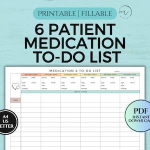 6 Patient RN Medication & To-do List, Nurse Shift Organizer Day/Night Planner, Med Surg Nursing Charting, Printable Fillable PDF A4/Letter