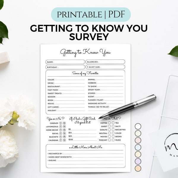 Getting To Know You Printable, Coworker Questions, All About Me Survey, Get to Know My Team Survey, Employee Favorite Things Questionnaire