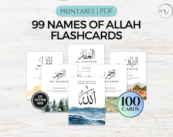 99 Namen von Allah Karte mit Bedeutung, Asmaul Husna Karten, Muslimische Lernkarten, Islamische Bildung, Gebetskarten, Islamische Dekoration PDF