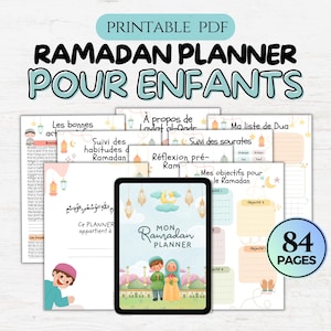 May include: Printable Ramadan planner for kids with 84 pages. The planner features colorful illustrations of children in traditional clothing, lanterns, and crescent moons. The pages include sections for tracking good deeds, reflecting on the pre-dawn prayer, and setting goals for Ramadan.