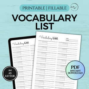 Utskrivbar ordlista, mall för språkstudieanteckningsbok, språkinlärning, ordlista, utskrivbar ifyllbar PDF A4/A5/Letter-storlek