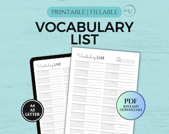 Vocabulary List Printable, Language Study Notebook Template, Language Learning, Vocabulary Note, Printable Fillable PDF A4/A5/Letter Size