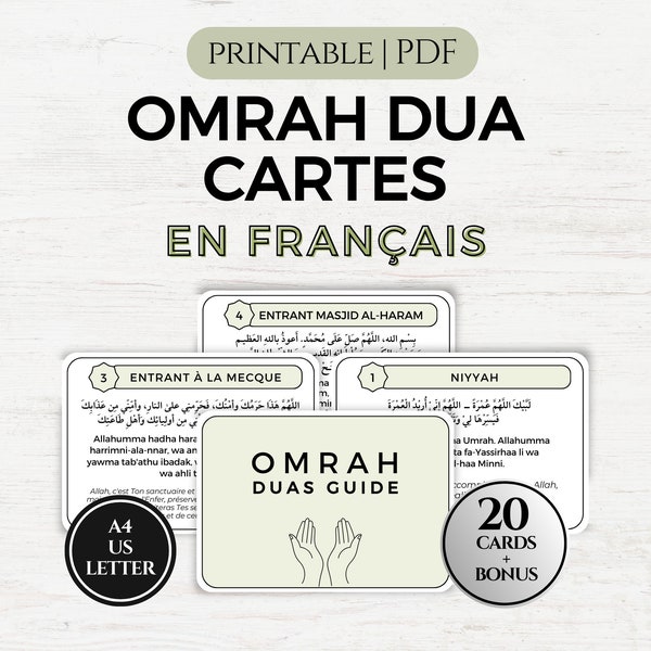 Cartes Umrah Dua en Français, Cartes imprimables Umrah Duas en Français, Cartes mémoire Umrah, Dua islamique, Cartes de rappel Dua, PDF imprimé minimaliste