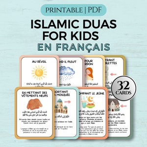 Tarjetas de Dua islámicas en francés para niños, Doua en francés, tarjeta de Dua diaria, tarjetas didácticas de dhikr diarias, tarjetas de oración para niños, decoración islámica en formato PDF