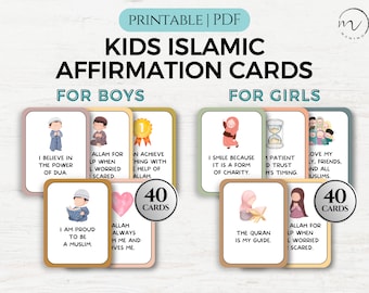 May include: Printable Islamic affirmation cards for kids. The cards feature colorful illustrations and positive affirmations for boys and girls. The text on the cards includes phrases like "I believe in the power of dua" and "Allah always helps me".