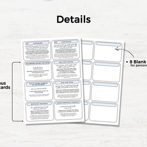 May include: Set of printable Islamic dua cards with Arabic text and English translations. The cards include duas for travel, ease, entering Madinah, and drinking Zamzam water. There are also 8 blank cards for personal duas.