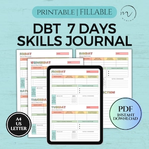 Diário de habilidades DBT, saúde mental, planilha de autocuidado diário, ferramentas de terapia, terapia comportamental dialética, para impressão, PDF preenchível A4/Carta