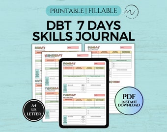 Diario de habilidades DBT, Salud mental, Hoja de trabajo diaria de cuidado personal, Herramientas de terapia, Terapia de comportamiento dialéctico, PDF imprimible y rellenable A4/Carta