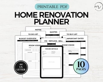Planificador de renovación del hogar imprimible, mejoras del hogar, lista de verificación de proyectos de bricolaje, libro de trabajo de remodelación de la casa, plantilla de organización de renovación, PDF