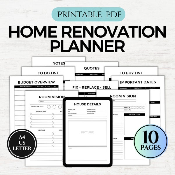 Home Renovation Planner Printable, Home Improvement, DIY Project Checklist,  House Remodel Workbook, Renovation Organization Template, PDF