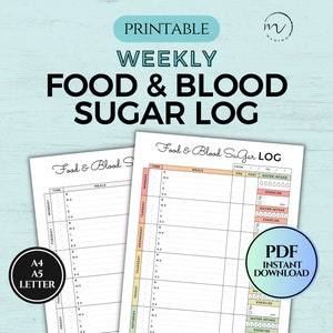 Registro degli alimenti e della glicemia stampabile, tracker settimanale degli esercizi per l'assunzione di acqua durante i pasti giornalieri, tracker per la gestione degli alimenti per il diabete, PDF A4/A5/lettera USA